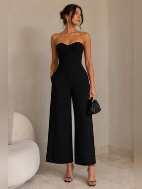 Zara Black Bustier Wide-Leg Jumpsuit NWOT